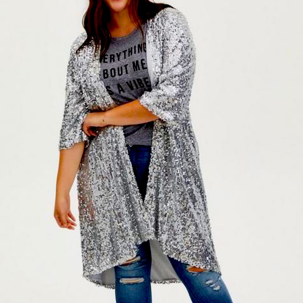 Torrid Silver Sequin High Low Kimono Long Length